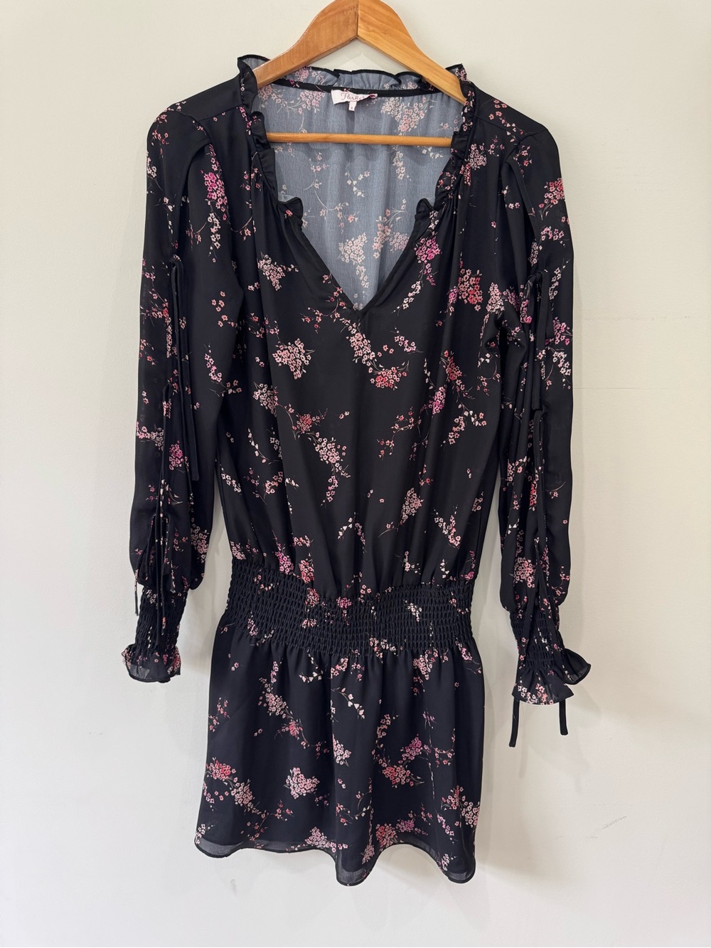 Parker Black Pink Floral Smocked Waist Tie Sleeve Mini Dress Size S